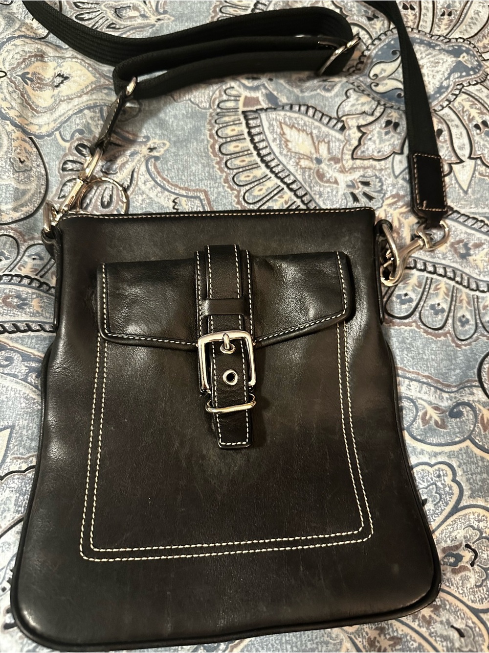 Coach Black Leather Crossbody Shoulder Bag with White Stitching